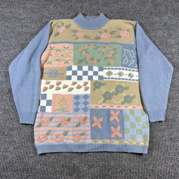Alfred Dunner Sweaters - Alfred Dunner Sweater Women's L Vintage Floral Patchwork Mock Neck Blue Pastel